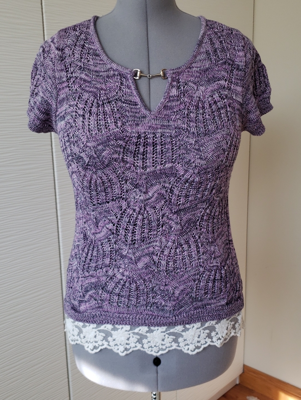 INC International Concepts Lavender Knit Short Sleeve Top with Lace Trim Sz.XL